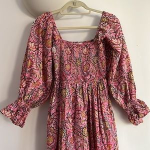 Blockprint maxi floral dress pink green yellow